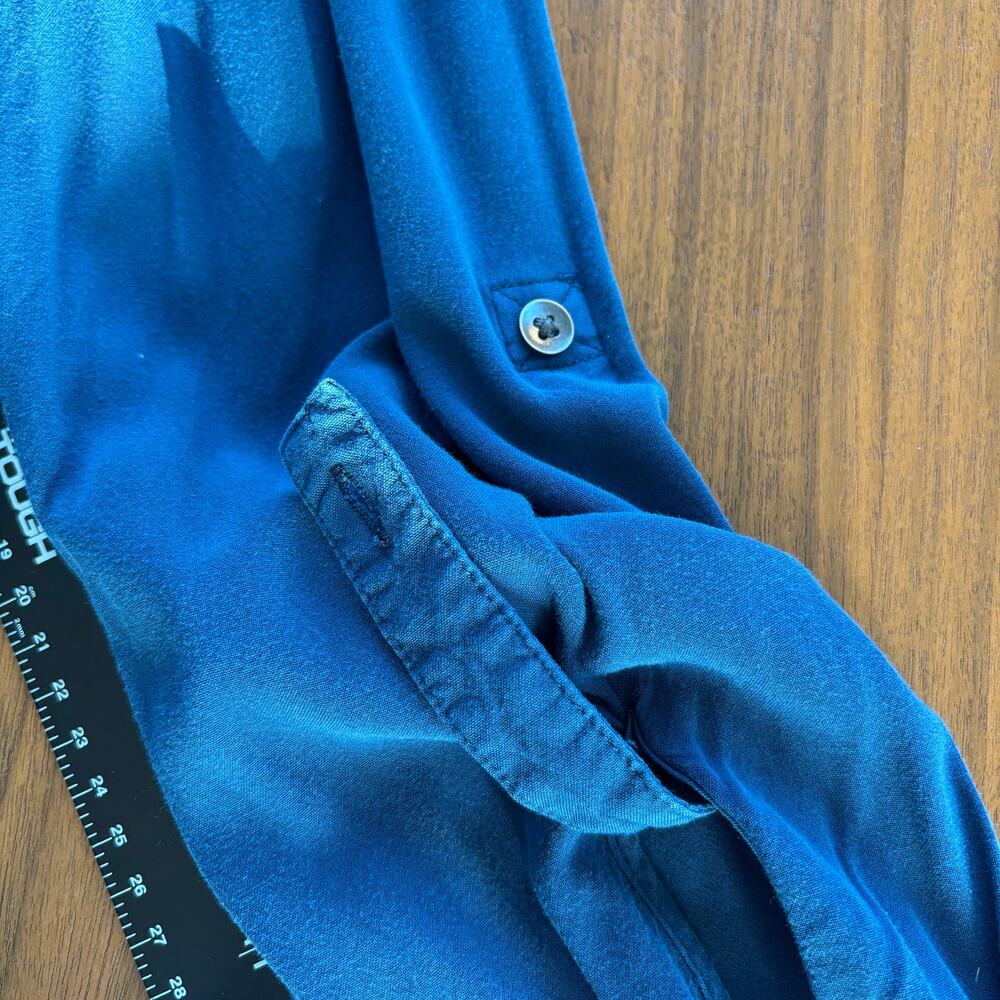 Rock & Republic Blue Button Up Metallic Shimmer Trim Roll Tab Sleeve Western L - Picture 9 of 10